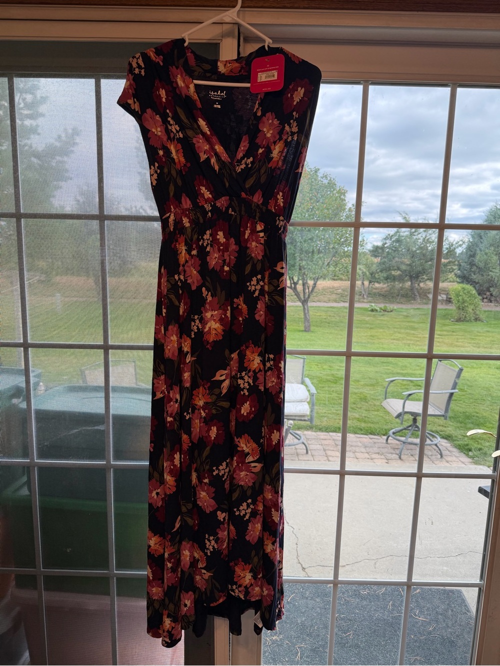 Maternity Floral Maxi Dress - Black with Burgundy Floral. Bin 126